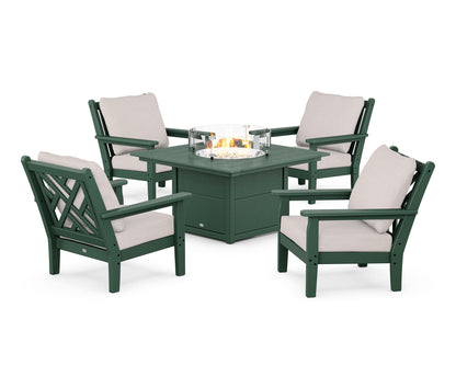 POLYWOOD® Chippendale 5-Piece Deep Seating Set with Fire Pit Table in Green / Dune Burlap