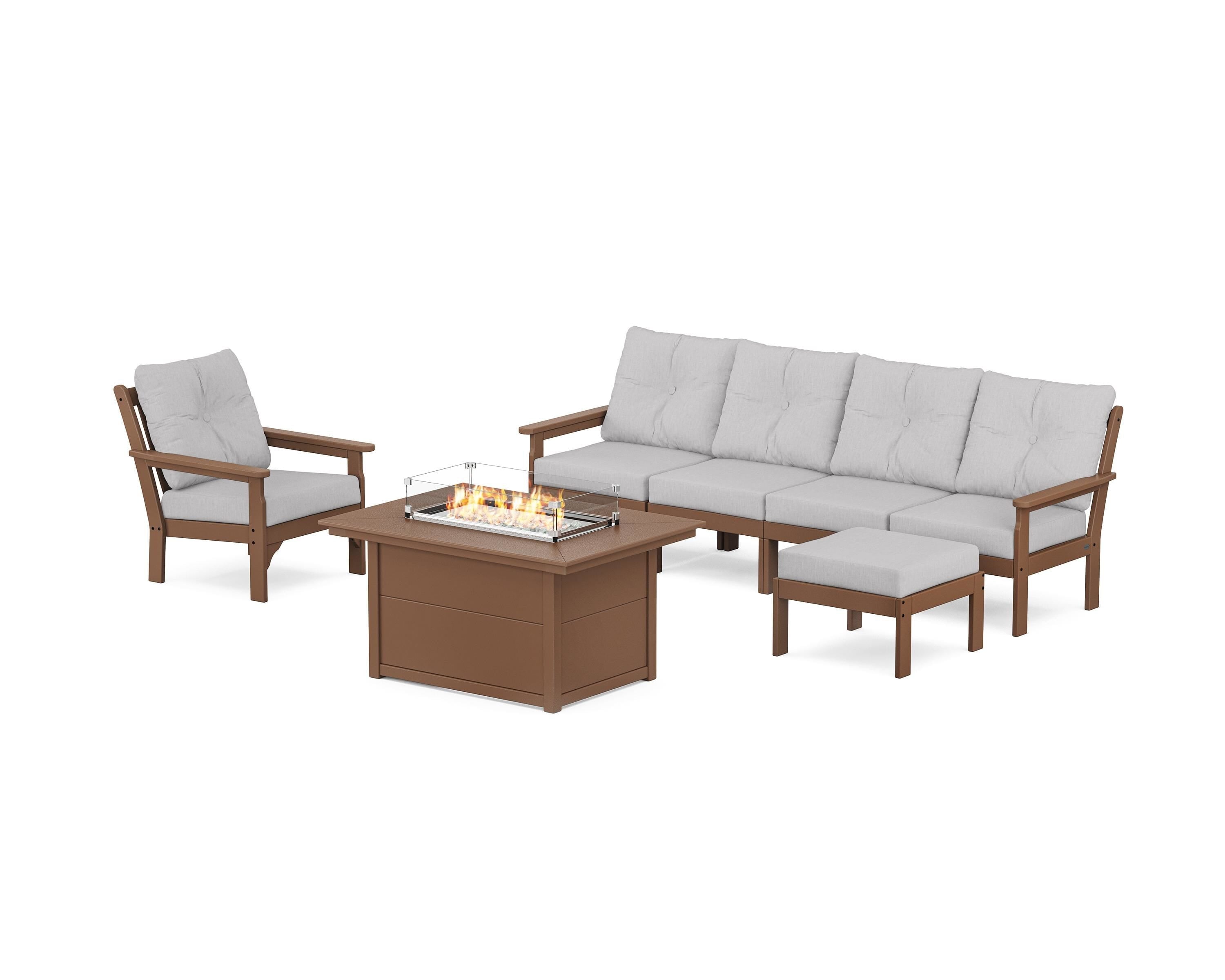 POLYWOOD® Vineyard Sectional Lounge and Fire Pit Set in Teak / Granite