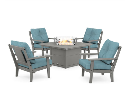 POLYWOOD® Prairie 5-Piece Deep Seating Set with Fire Pit Table in Slate Grey / Lattice Sky Blue