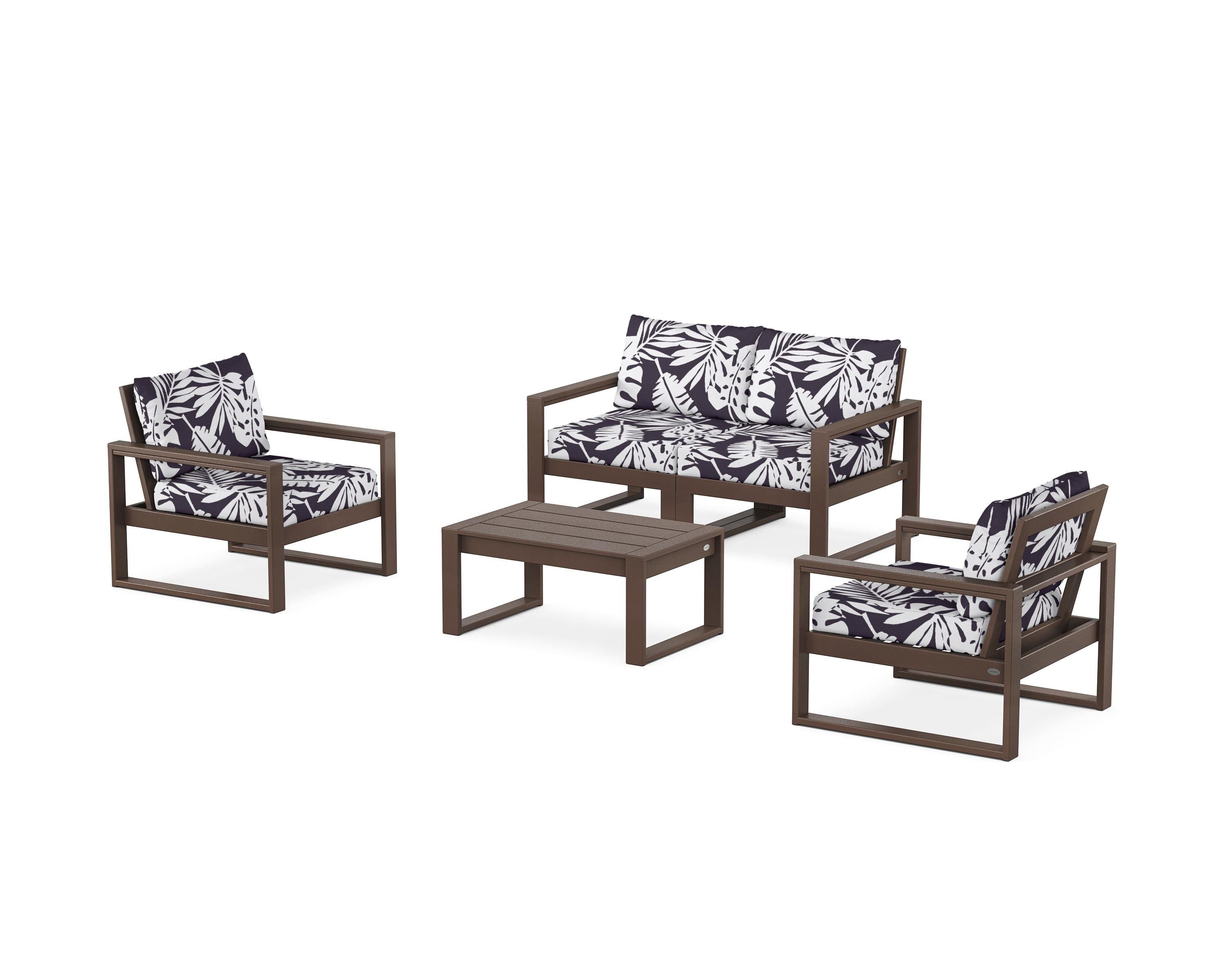 POLYWOOD® EDGE Sectional 4-Piece Deep Seating Set with Loveseat in Mahogany / Leaf Navy