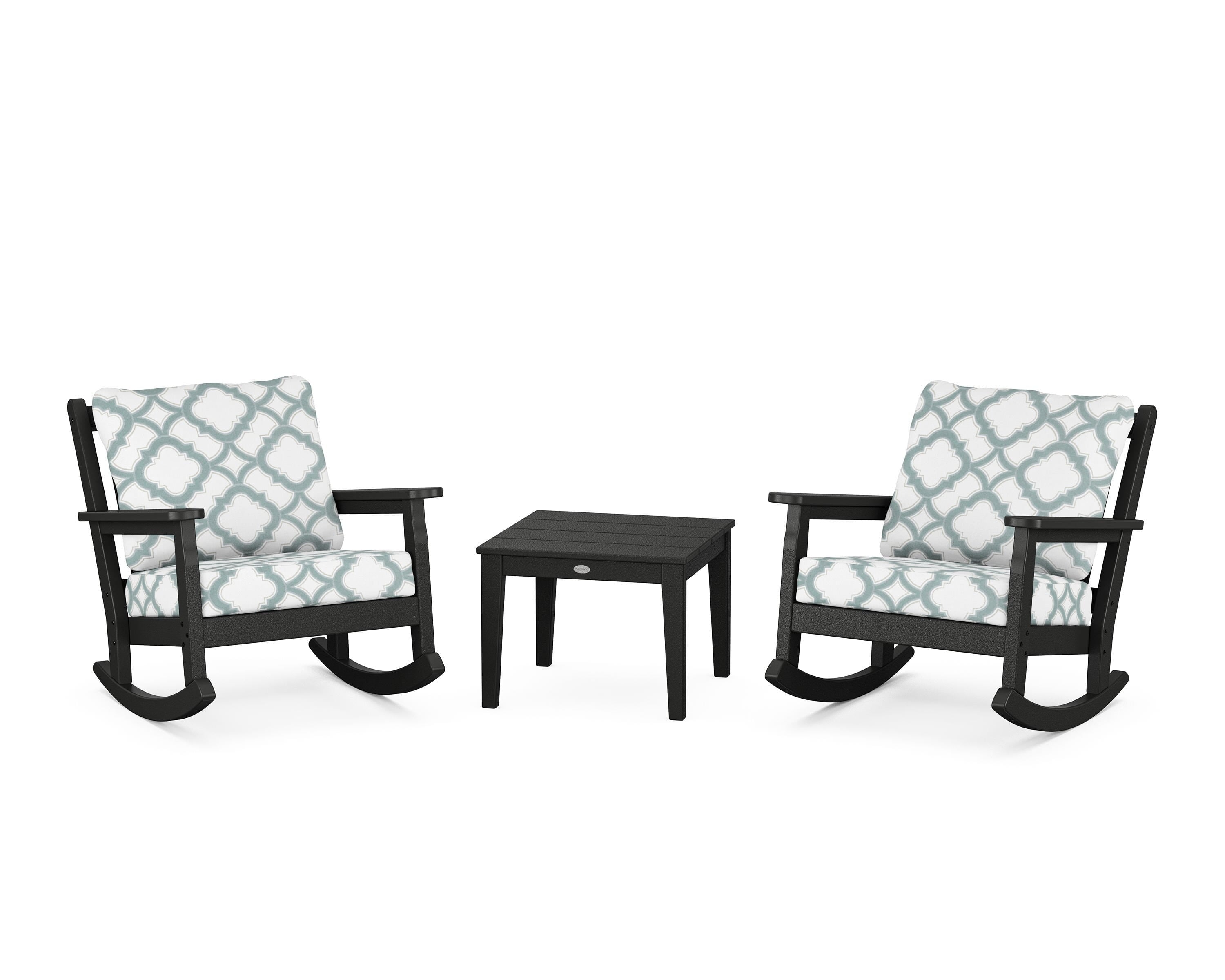 POLYWOOD® Chippendale 3-Piece Deep Seating Rocker Set in Black / Trellis Glacier Spa