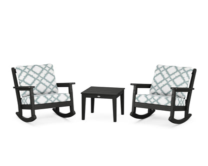POLYWOOD® Chippendale 3-Piece Deep Seating Rocker Set in Black / Trellis Glacier Spa