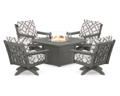 POLYWOOD® Vineyard 5-Piece Deep Seating Swivel Conversation Set with Fire Pit Table in Slate Grey / Trellis Grey Mist