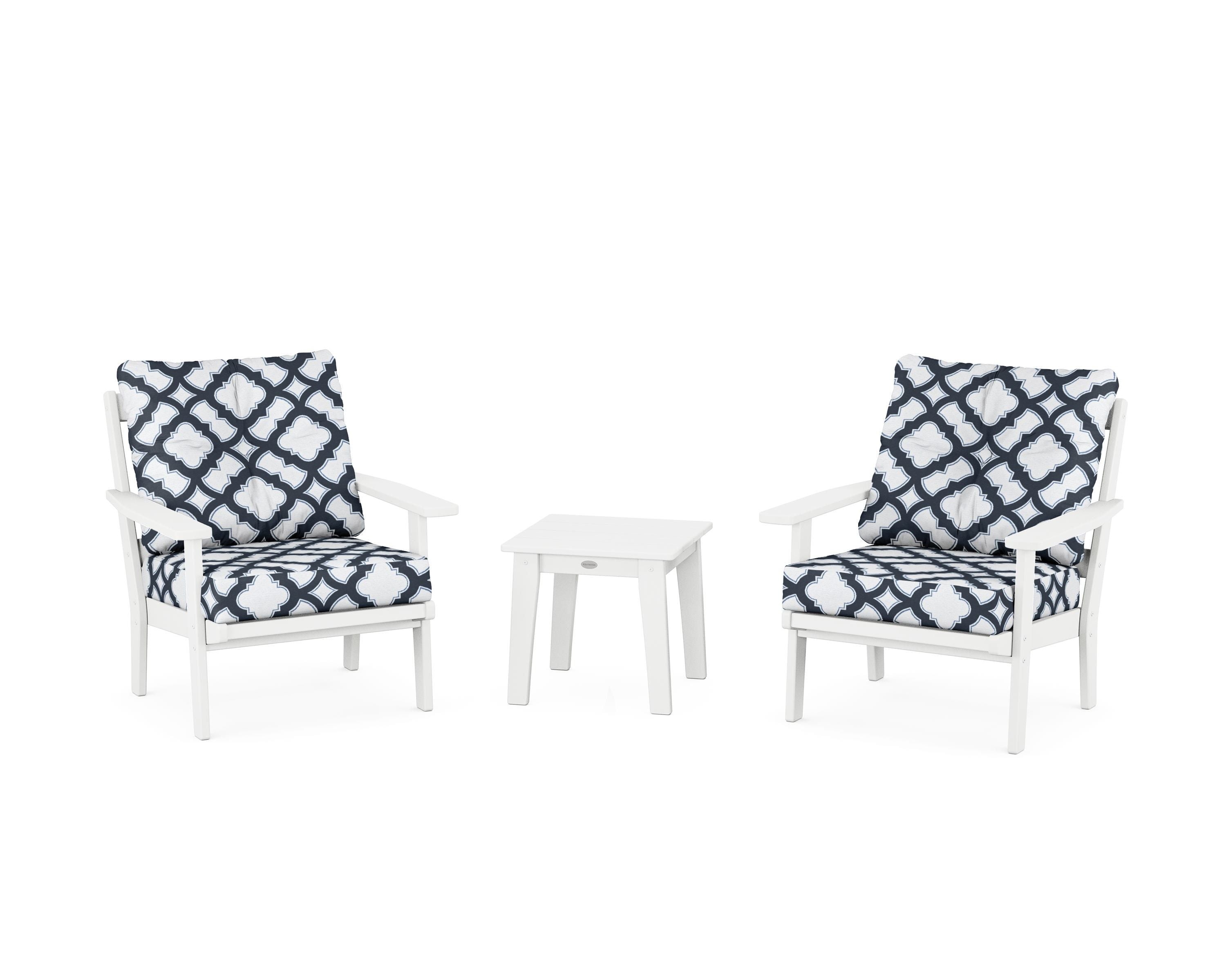 POLYWOOD® Oxford 3-Piece Deep Seating Set in White / Trellis Marine Indigo
