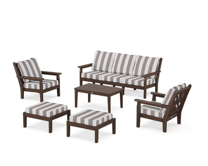 POLYWOOD® Chippendale 6-Piece Lounge Sofa Set in Mahogany / Cabana Stripe Grey Mist