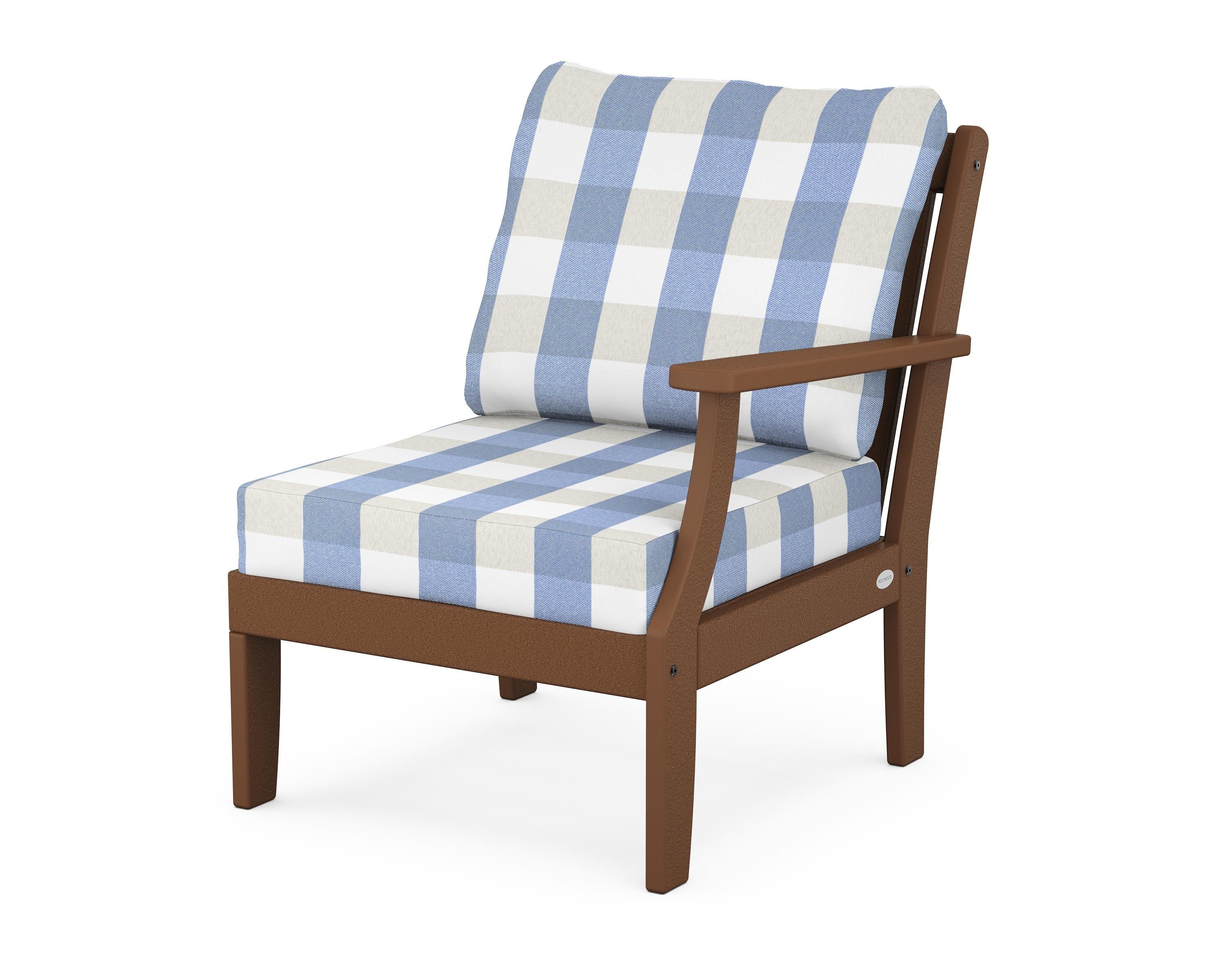 POLYWOOD® Braxton Modular Right Arm Chair in Teak / Buffalo Plaid Sky Blue