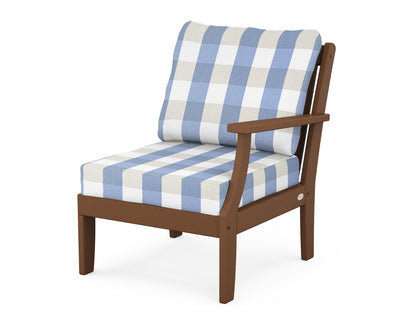 POLYWOOD® Braxton Modular Right Arm Chair in Teak / Buffalo Plaid Sky Blue
