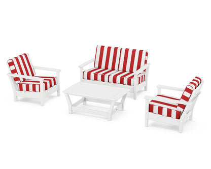 POLYWOOD® Harbour 4-Piece Deep Seating Set in White / Cabana Stripe Crimson