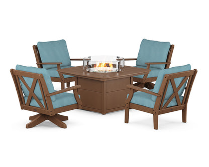 POLYWOOD® Braxton 5-Piece Deep Seating Set with Fire Table in Teak / Lattice Sky Blue