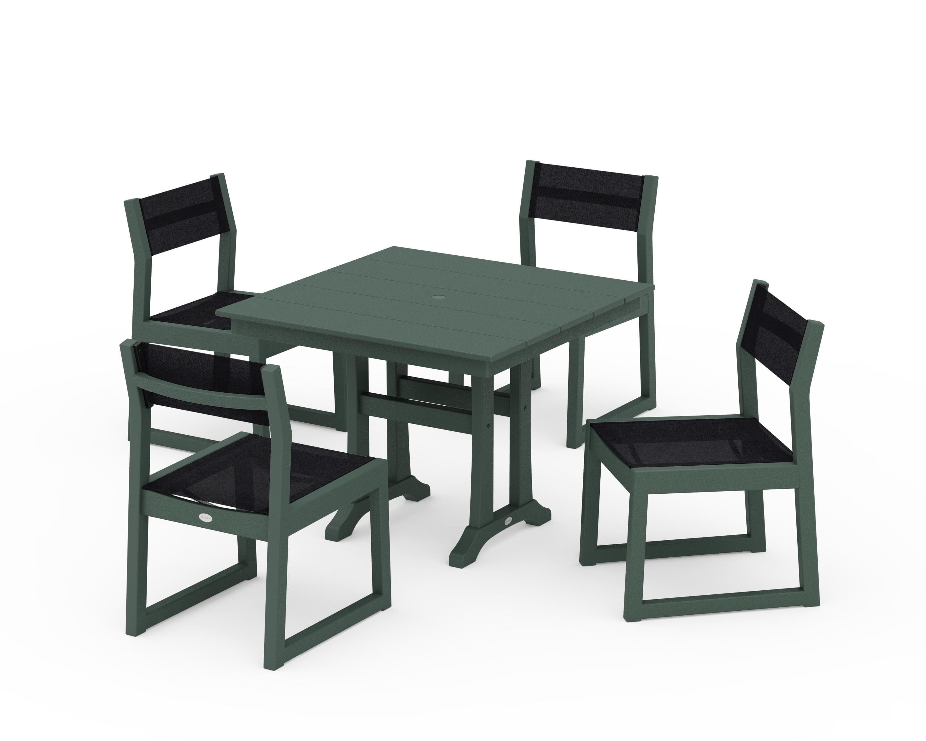 POLYWOOD® EDGE Sling 5-Piece Farmhouse Trestle Side Chair Dining Set in Green / Black Sling