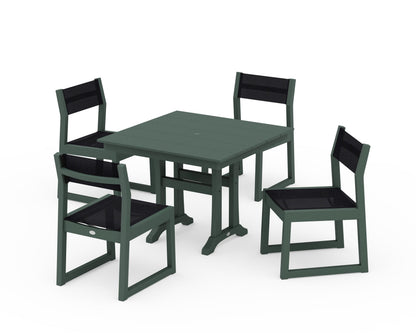 POLYWOOD® EDGE Sling 5-Piece Farmhouse Trestle Side Chair Dining Set in Green / Black Sling