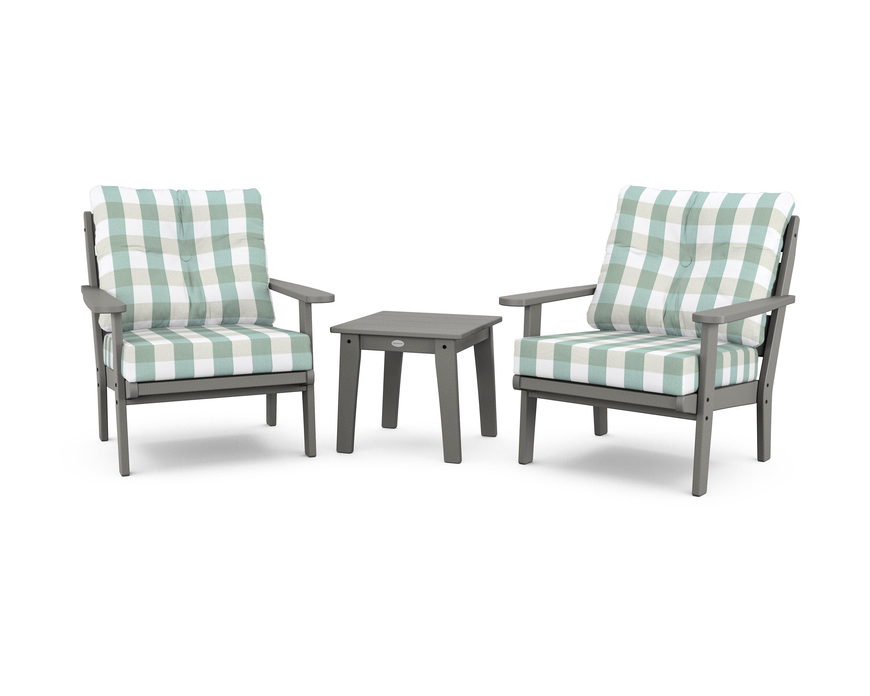 POLYWOOD® Lakeside 3-Piece Deep Seating Chair Set in Slate Grey / Buffalo Plaid Glacier Spa