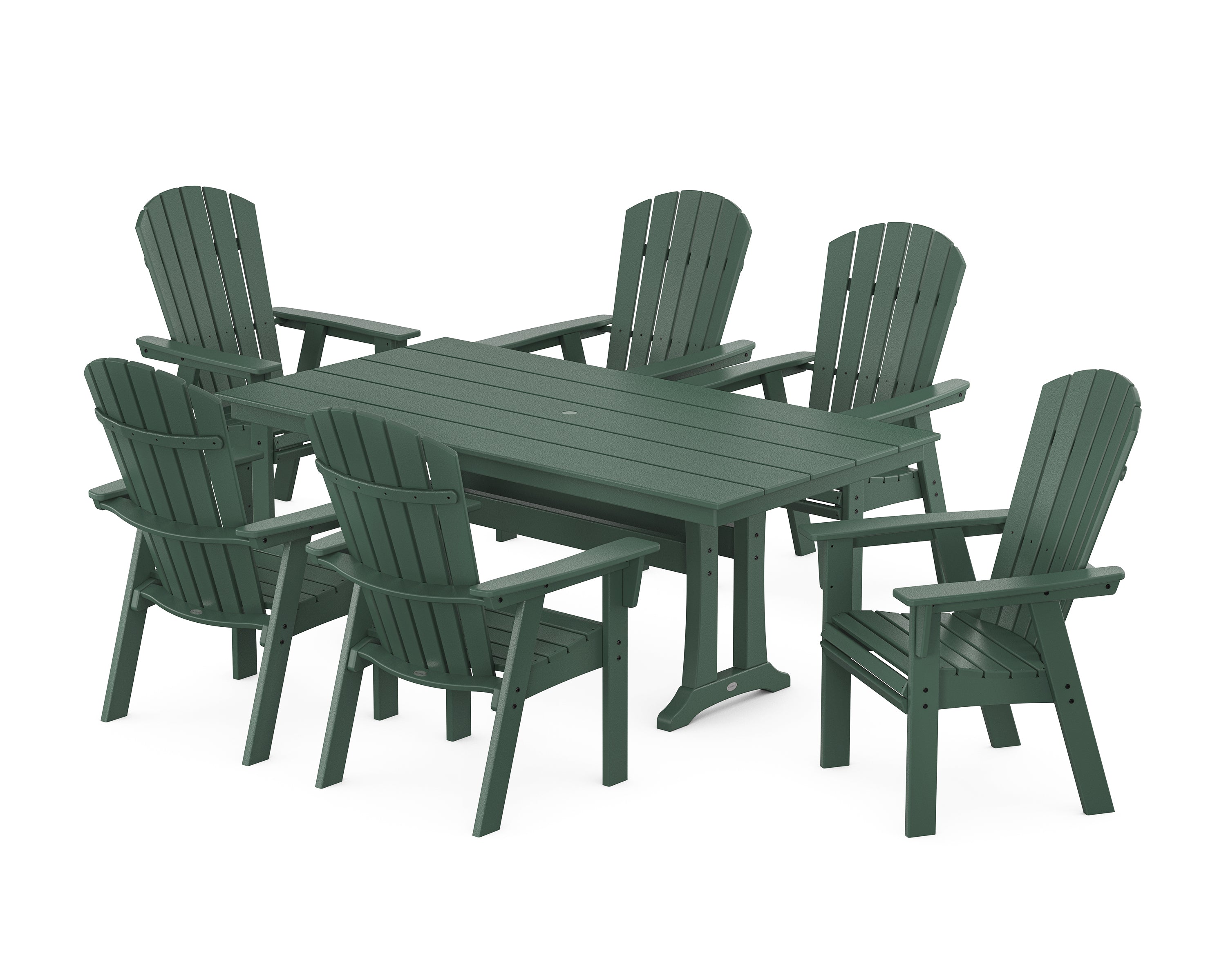 POLYWOOD® Nautical Curveback Adirondack 7-Piece Farmhouse Dining Set with Trestle Legs in Green