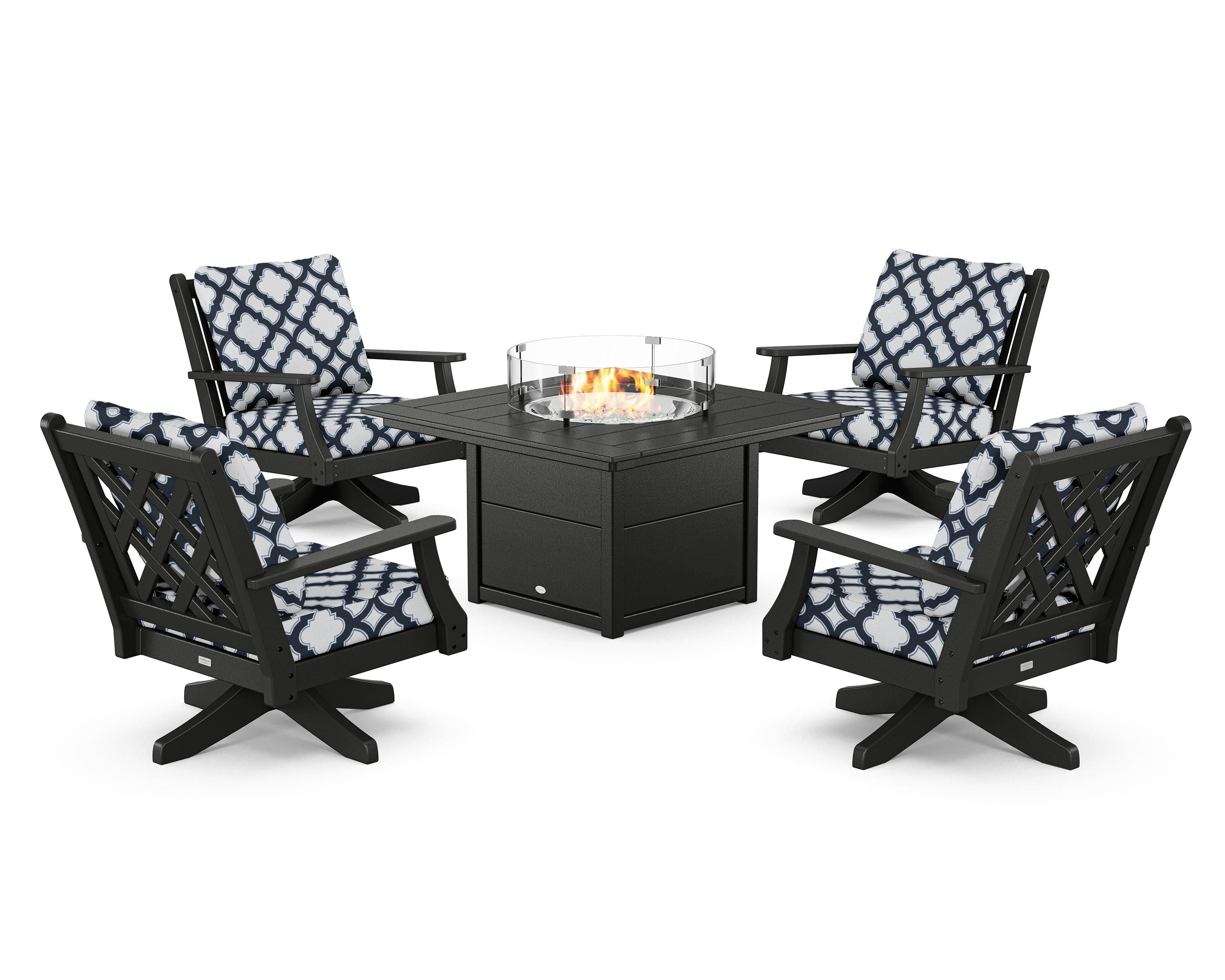 Country Living Wovendale 5-Piece Deep Seating Swivel Conversation Set with Fire Pit Table in Black / Trellis Marine Indigo
