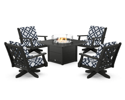 Country Living Wovendale 5-Piece Deep Seating Swivel Conversation Set with Fire Pit Table in Black / Trellis Marine Indigo