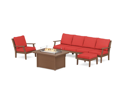 POLYWOOD® Braxton Sectional Lounge and Fire Pit Set in Teak / Crimson Linen