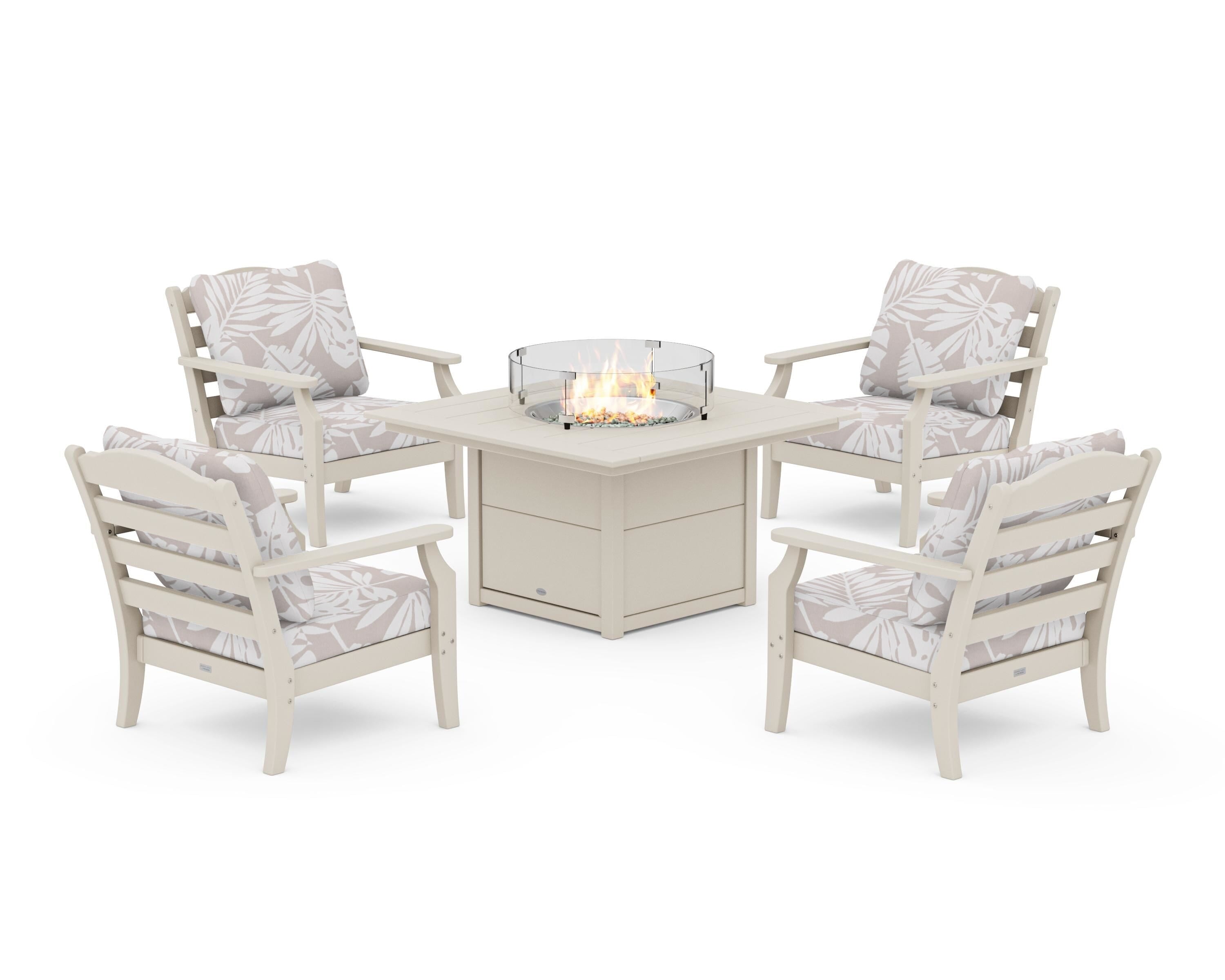 Draper James™ by  POLYWOOD® Savannah 5-Piece Deep Seating Set with Fire Pit Table in Sand / Leaf Dune Burlap