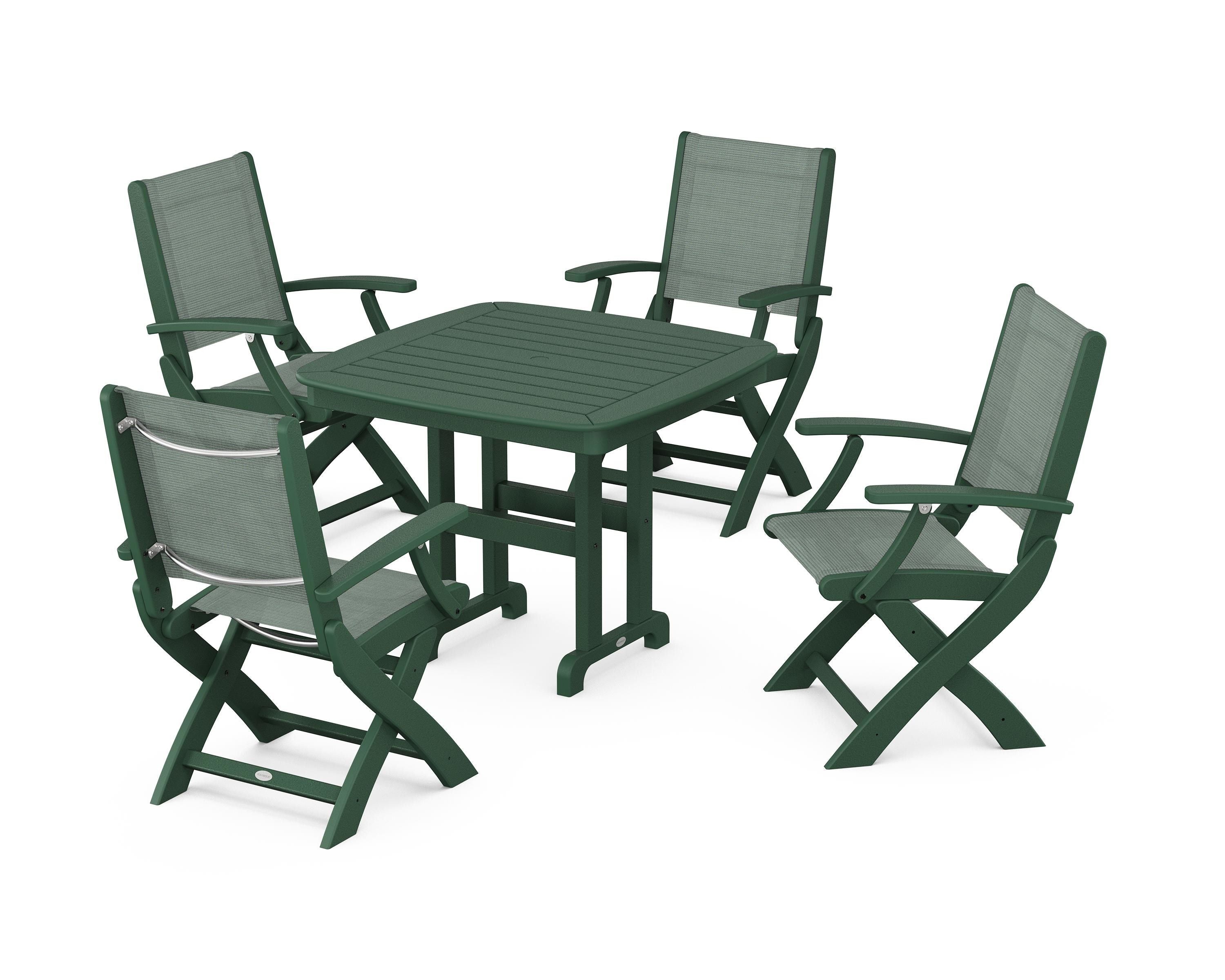 POLYWOOD® Coastal Folding Chair 5-Piece Dining Set in Green / Dupioni Sea Mist Sling