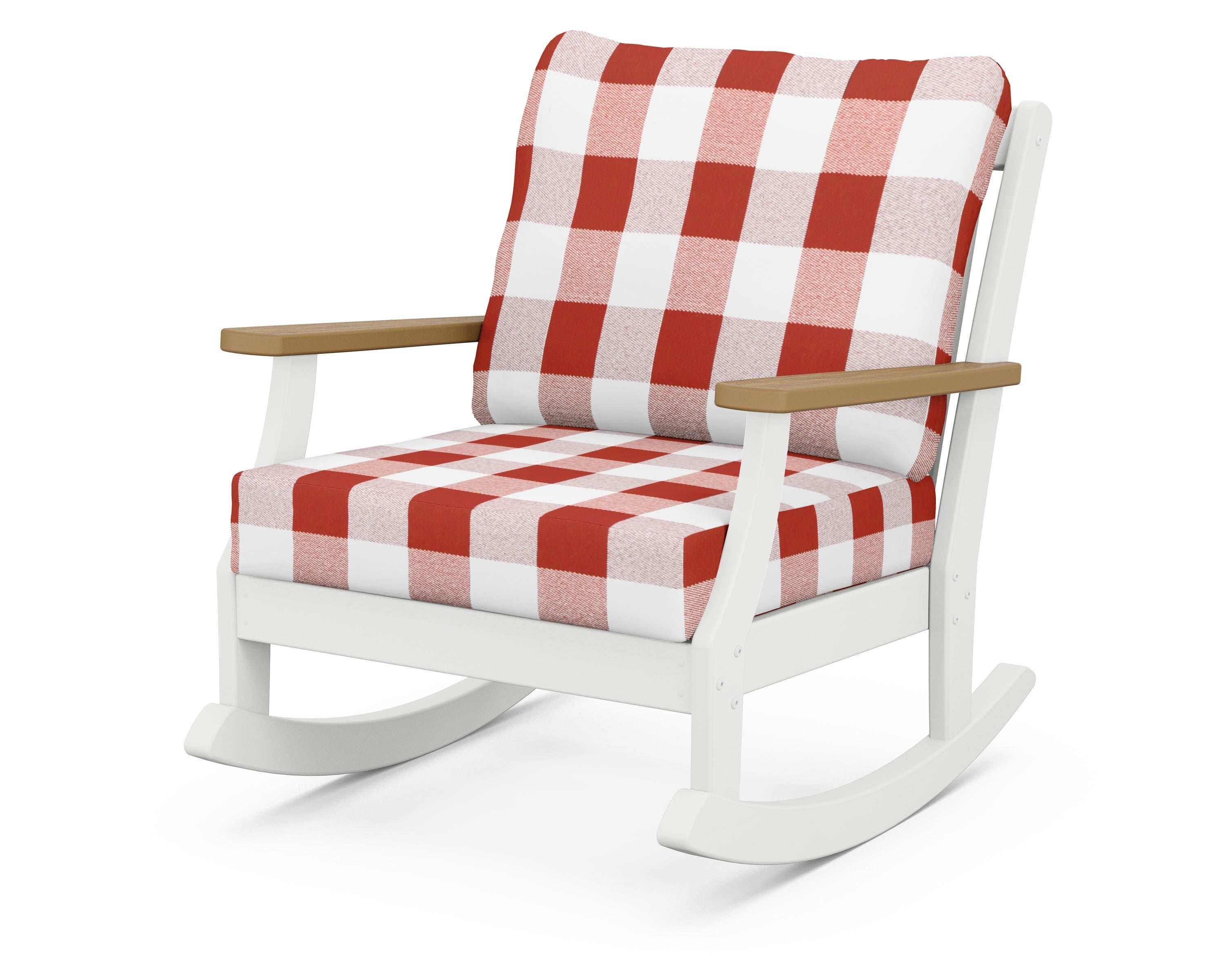 POLYWOOD® Braxton Deep Seating Rocking Chair in White / Natural / Buffalo Plaid Crimson