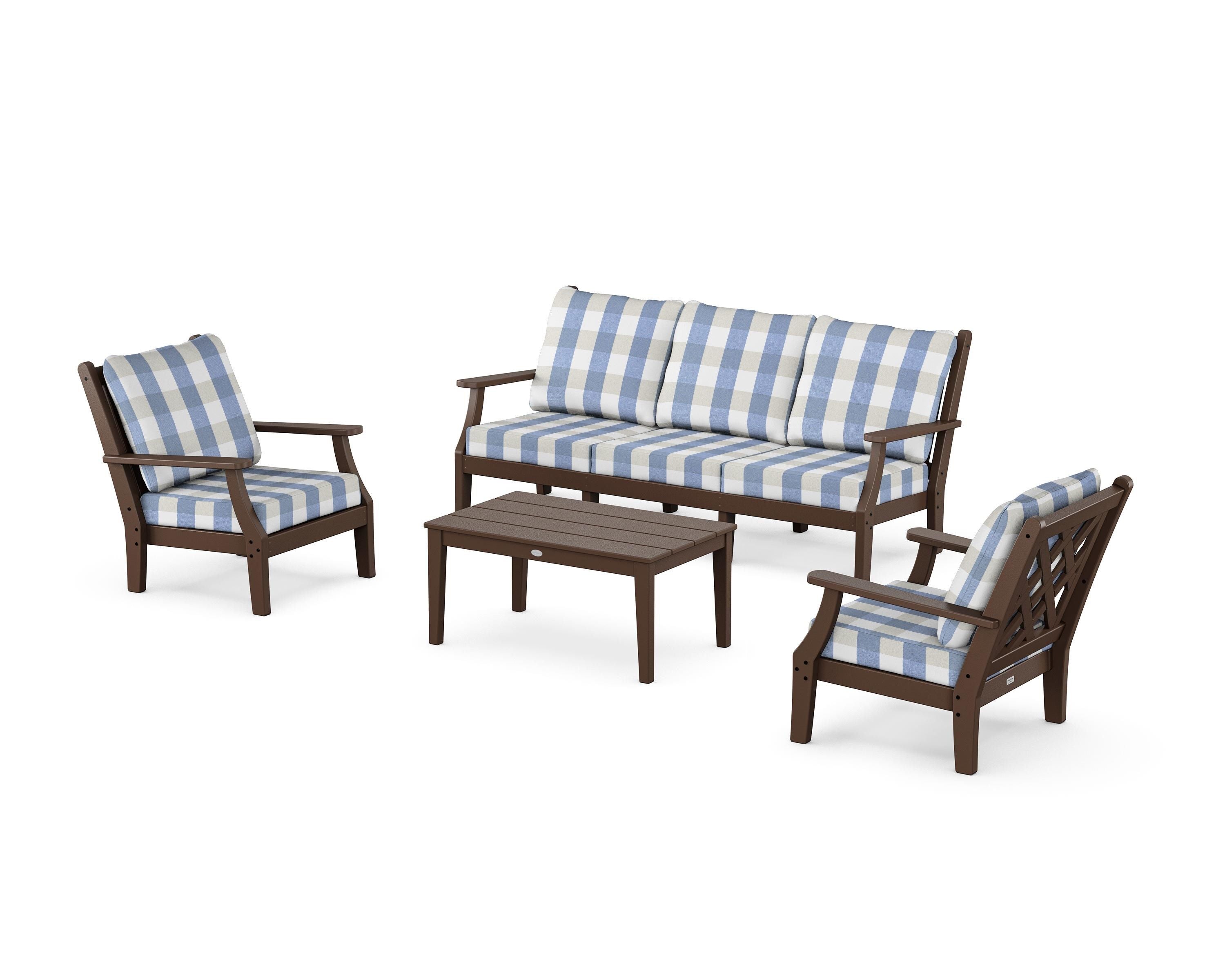 Country Living Wovendale 4-Piece Deep Seating Set with Sofa in Mahogany / Buffalo Plaid Sky Blue