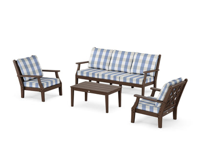 Country Living Wovendale 4-Piece Deep Seating Set with Sofa in Mahogany / Buffalo Plaid Sky Blue