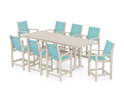 POLYWOOD® Coastal 9-Piece Farmhouse Counter Set with Trestle Legs in Sand / Dupioni Aquamarine Sling