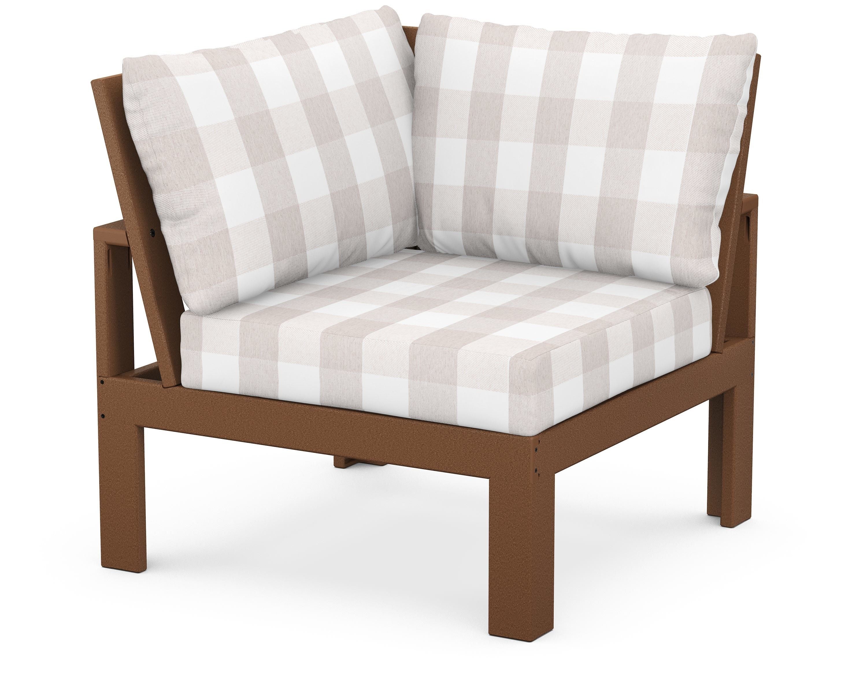Unbranded Modular Corner Chair in Teak / Buffalo Plaid Dune Burlap