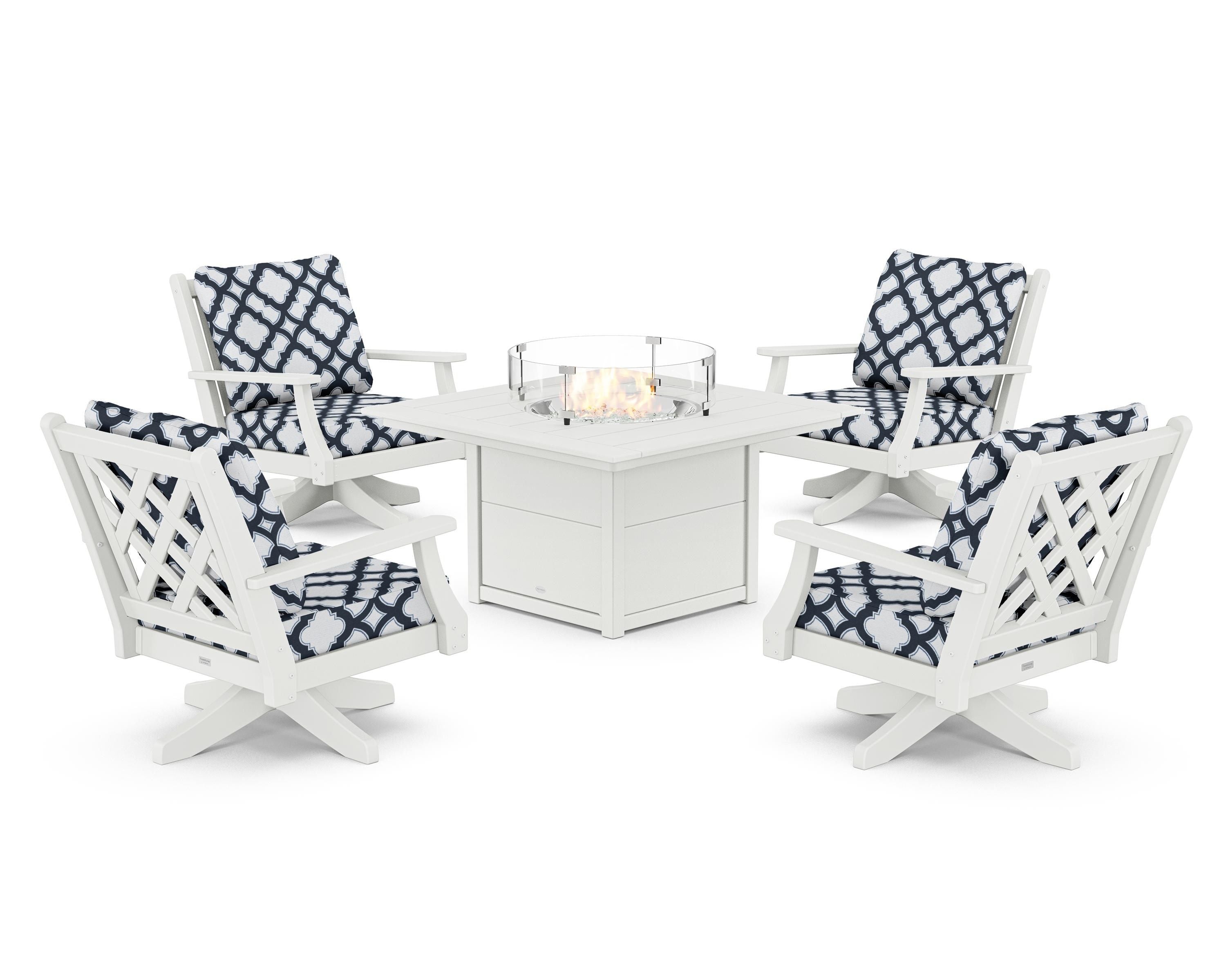Country Living Wovendale 5-Piece Deep Seating Swivel Conversation Set with Fire Pit Table in White / Trellis Marine Indigo