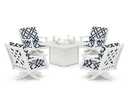 Country Living Wovendale 5-Piece Deep Seating Swivel Conversation Set with Fire Pit Table in White / Trellis Marine Indigo