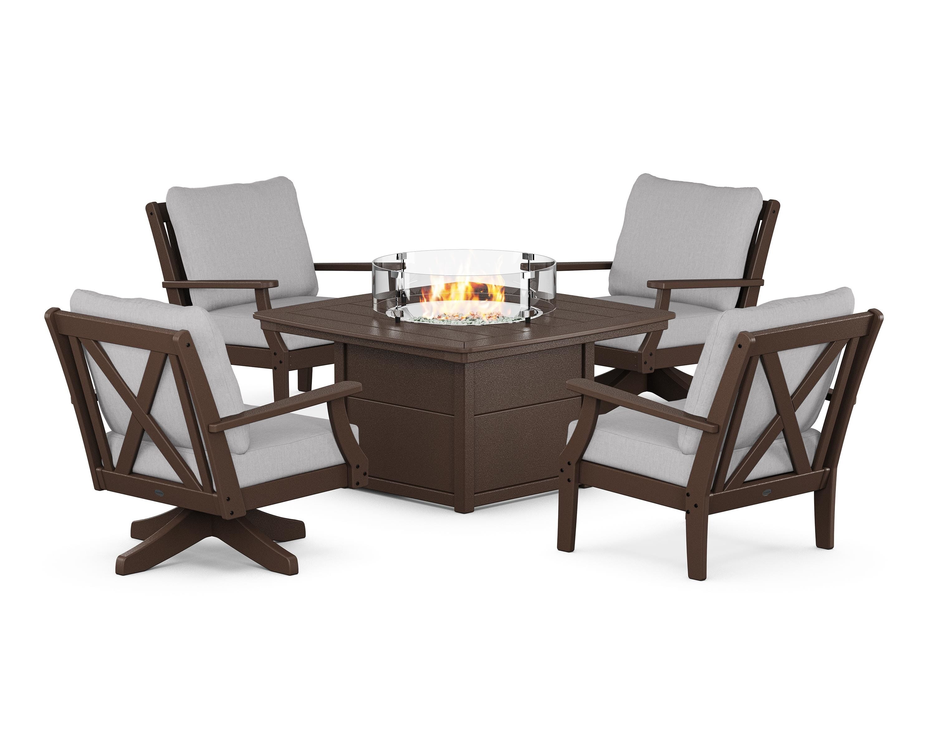 POLYWOOD® Braxton 5-Piece Deep Seating Set with Fire Table in Mahogany / Granite