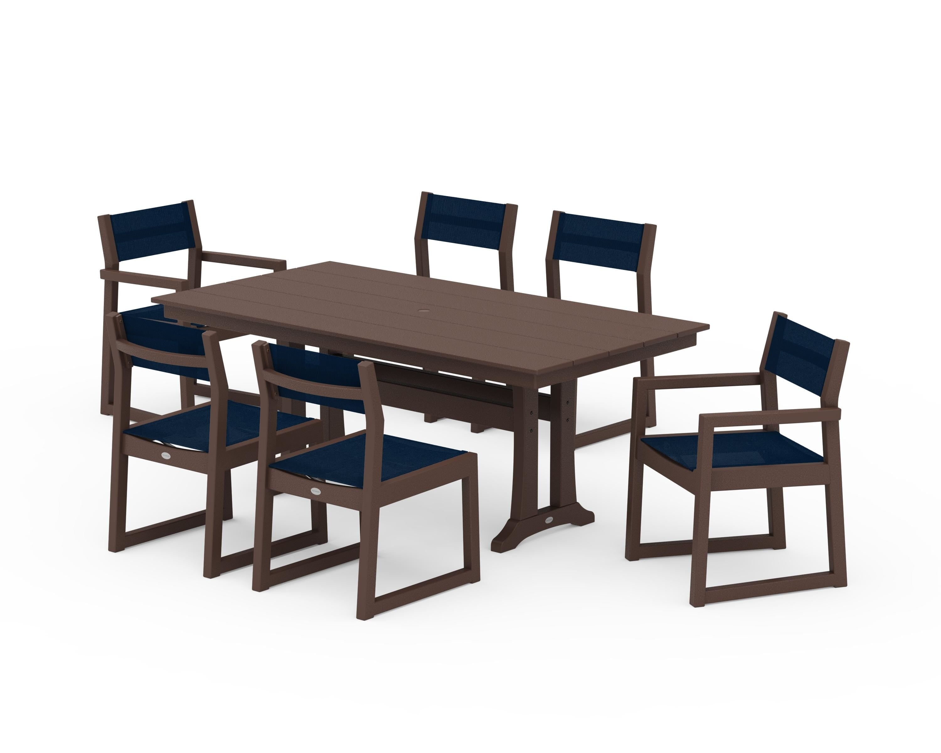 POLYWOOD® EDGE Sling 7-Piece Farmhouse Trestle Dining Set in Mahogany / Navy Blue Sling