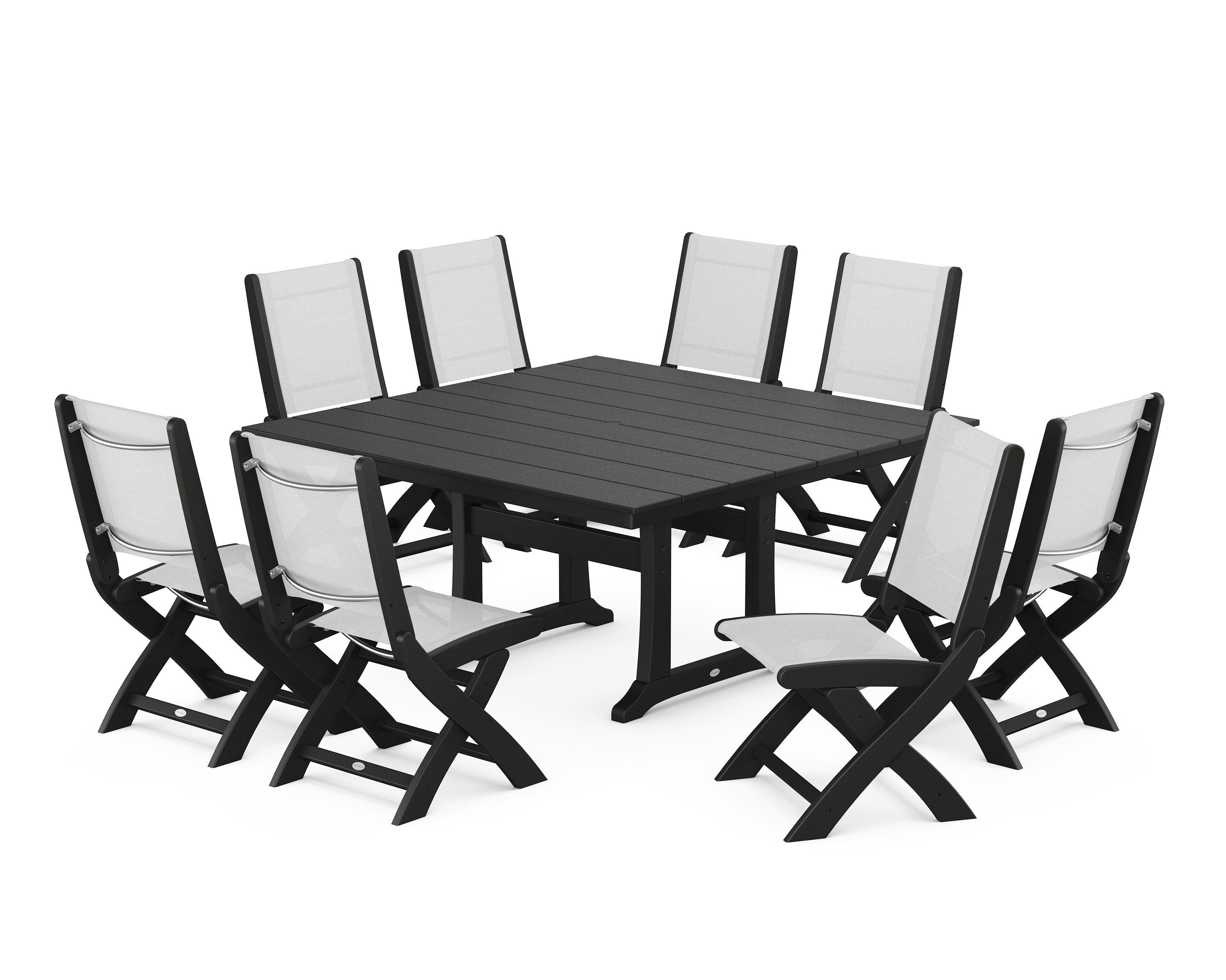POLYWOOD® Coastal Folding Side Chair 9-Piece Farmhouse Dining Set in Black / White Sling