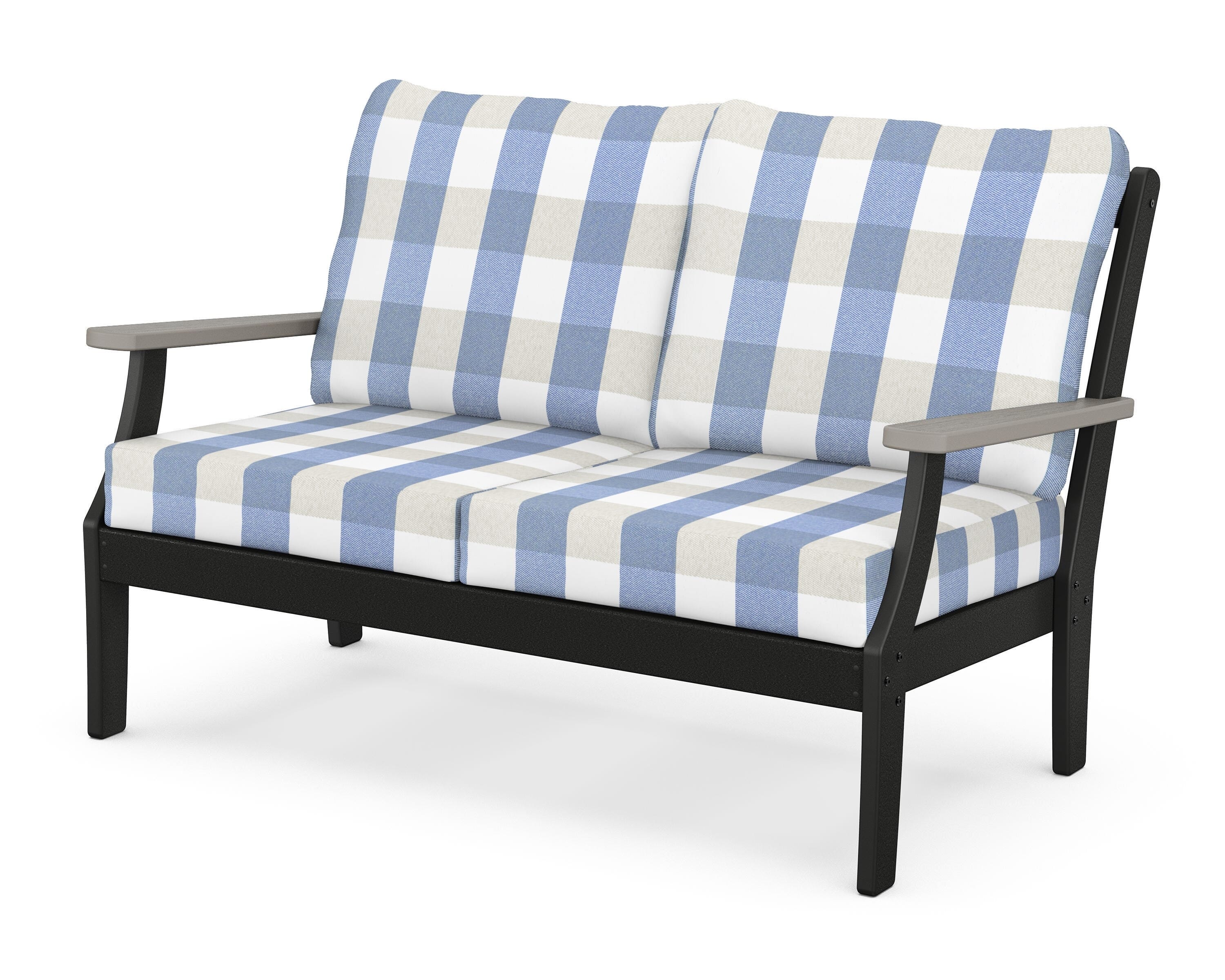 POLYWOOD® Braxton Deep Seating Loveseat in Black / Driftwood / Buffalo Plaid Sky Blue