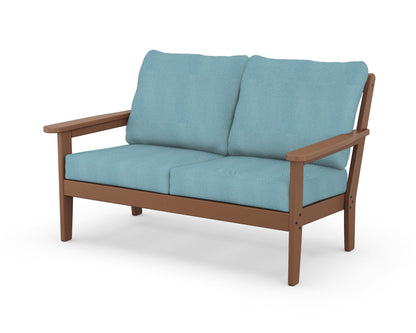 Country Living Cottage Deep Seating Loveseat in Teak / Lattice Sky Blue