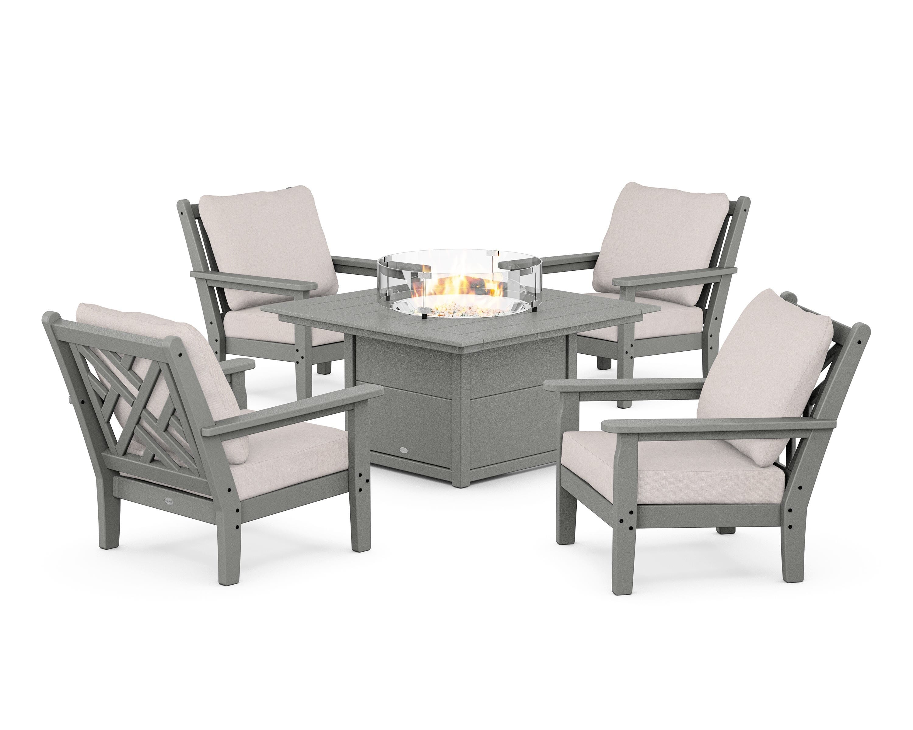 POLYWOOD® Chippendale 5-Piece Deep Seating Set with Fire Pit Table in Slate Grey / Dune Burlap