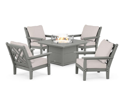 POLYWOOD® Chippendale 5-Piece Deep Seating Set with Fire Pit Table in Slate Grey / Dune Burlap