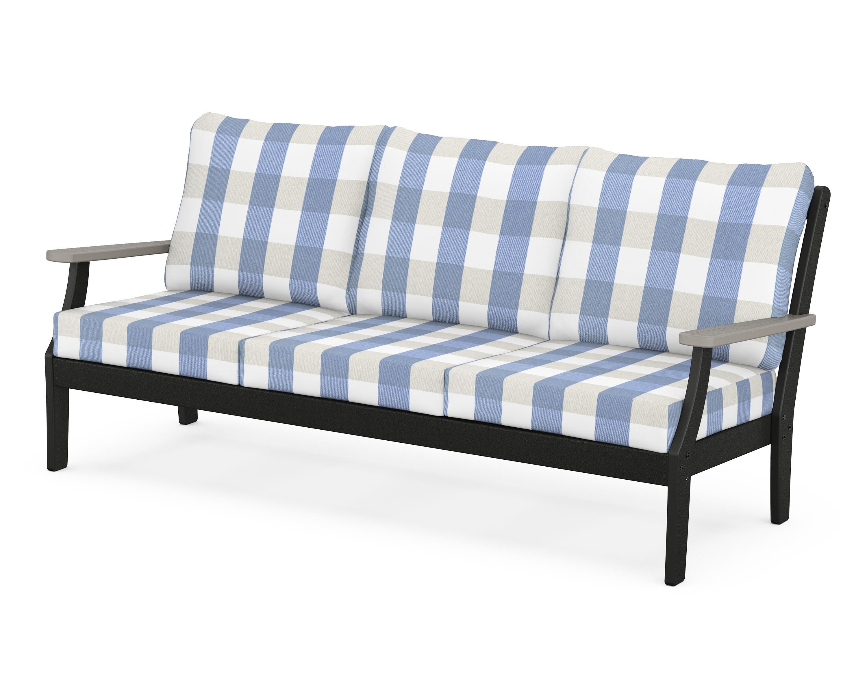 POLYWOOD® Braxton Deep Seating Sofa in Black / Driftwood / Buffalo Plaid Sky Blue