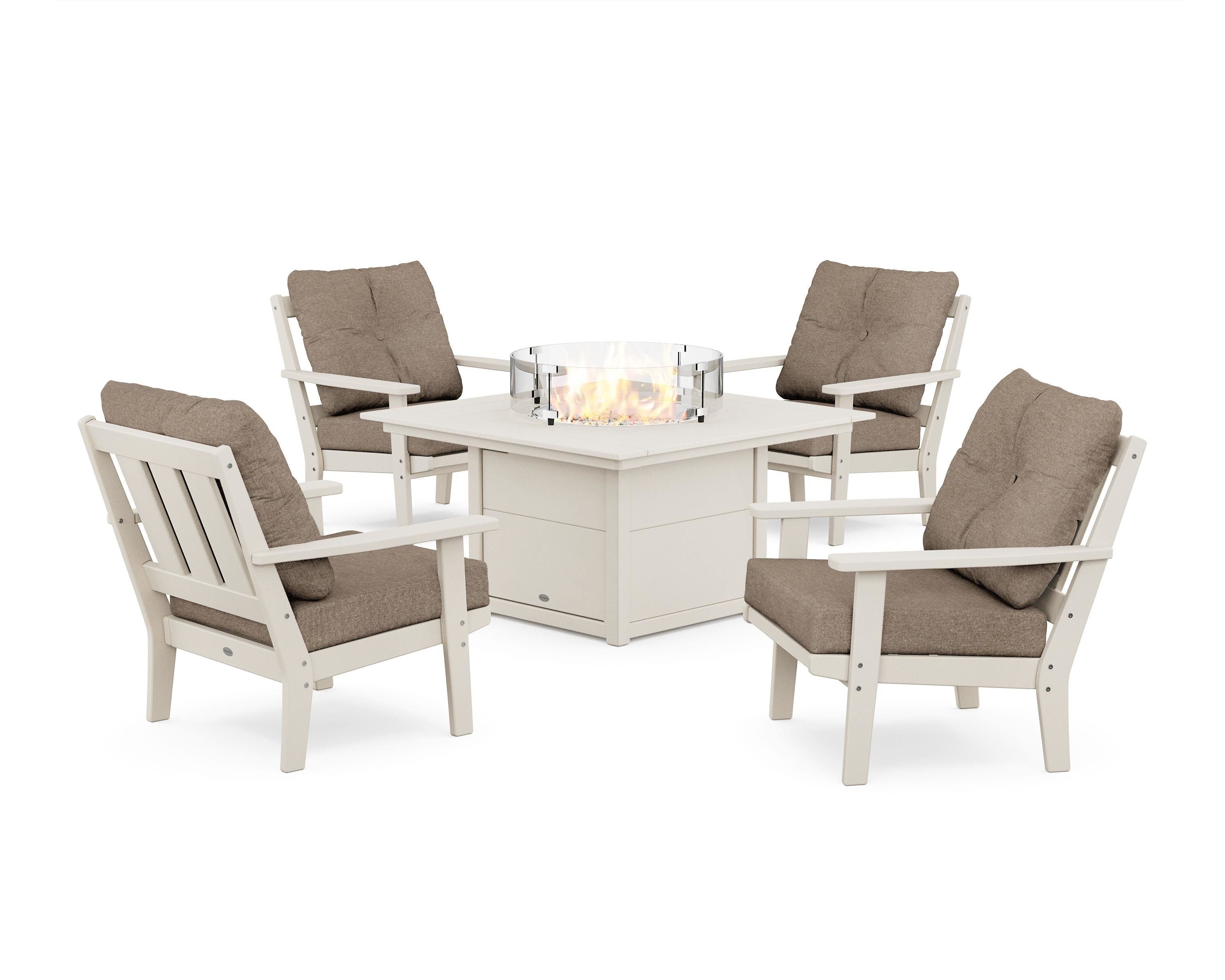 POLYWOOD® Oxford 5-Piece Deep Seating Set with Fire Pit Table in Sand / Spiced Burlap