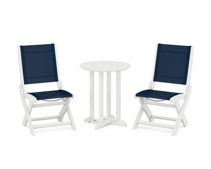 POLYWOOD® Coastal Folding Side Chair 3-Piece Round Bistro Dining Set in White / Navy Blue Sling