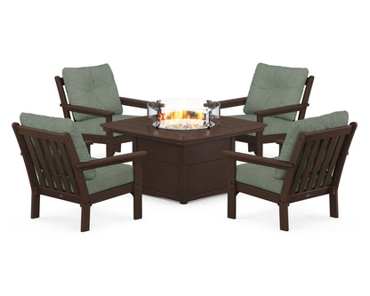 POLYWOOD® Vineyard 5-Piece Conversation Set with Fire Pit Table in Mahogany / Cast Sage