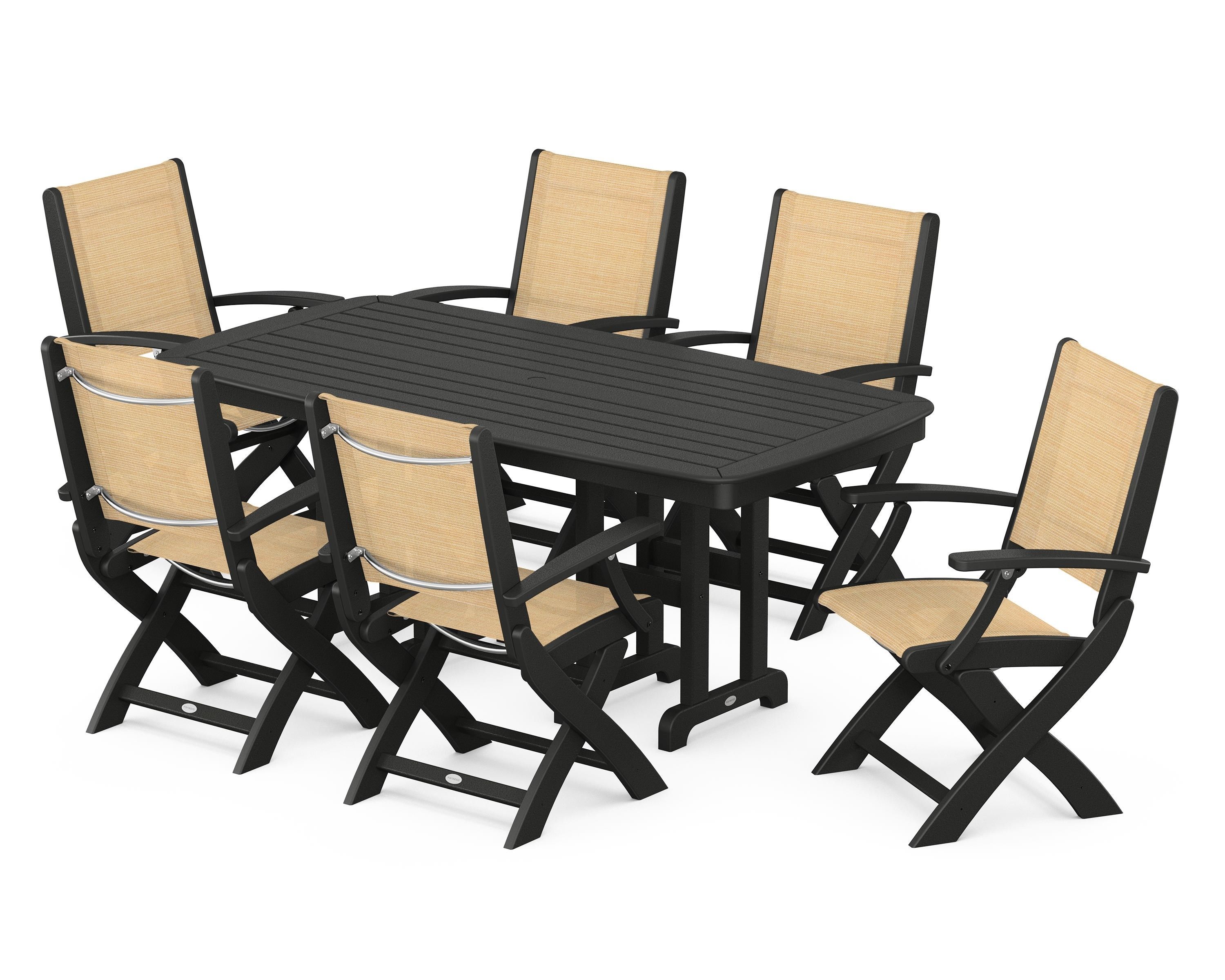 POLYWOOD® Coastal Folding Arm Chair 7-Piece Dining Set in Black / Dupioni Apricot Sling
