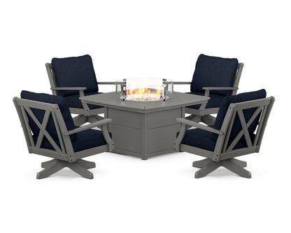 POLYWOOD® Braxton 5-Piece Deep Seating Swivel Conversation Set with Fire Pit Table in Slate Grey / Marine Indigo