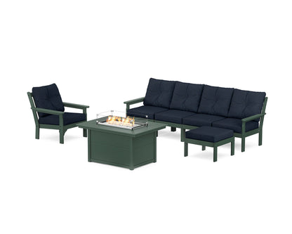 POLYWOOD® Vineyard Sectional Lounge and Fire Pit Set in Green / Marine Indigo