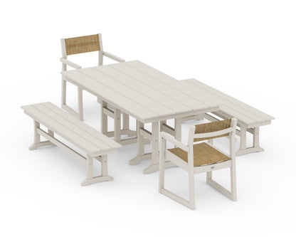 POLYWOOD® EDGE Sling Arm Chair 5-Piece Farmhouse Dining Set with Benches in Sand / Burlap Sling
