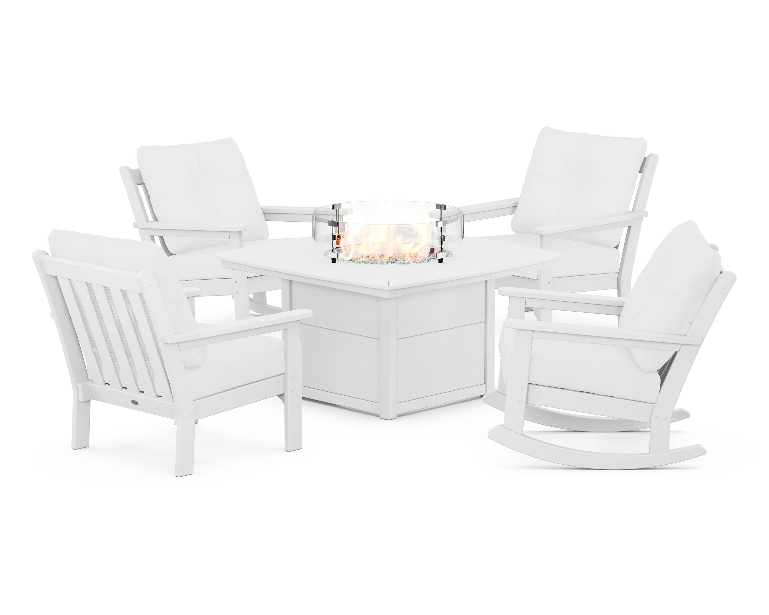 POLYWOOD® Vineyard 5-Piece Deep Seating Rocking Chair Conversation Set with Fire Pit Table in White / Natural
