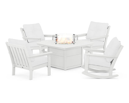 POLYWOOD® Vineyard 5-Piece Deep Seating Rocking Chair Conversation Set with Fire Pit Table in White / Natural