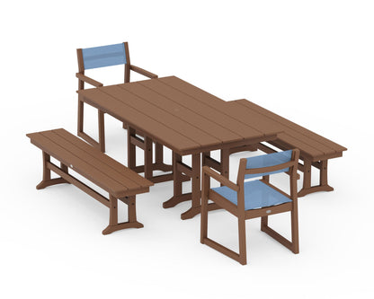 POLYWOOD® EDGE Sling Arm Chair 5-Piece Farmhouse Dining Set with Benches in Teak / Poolside Sling