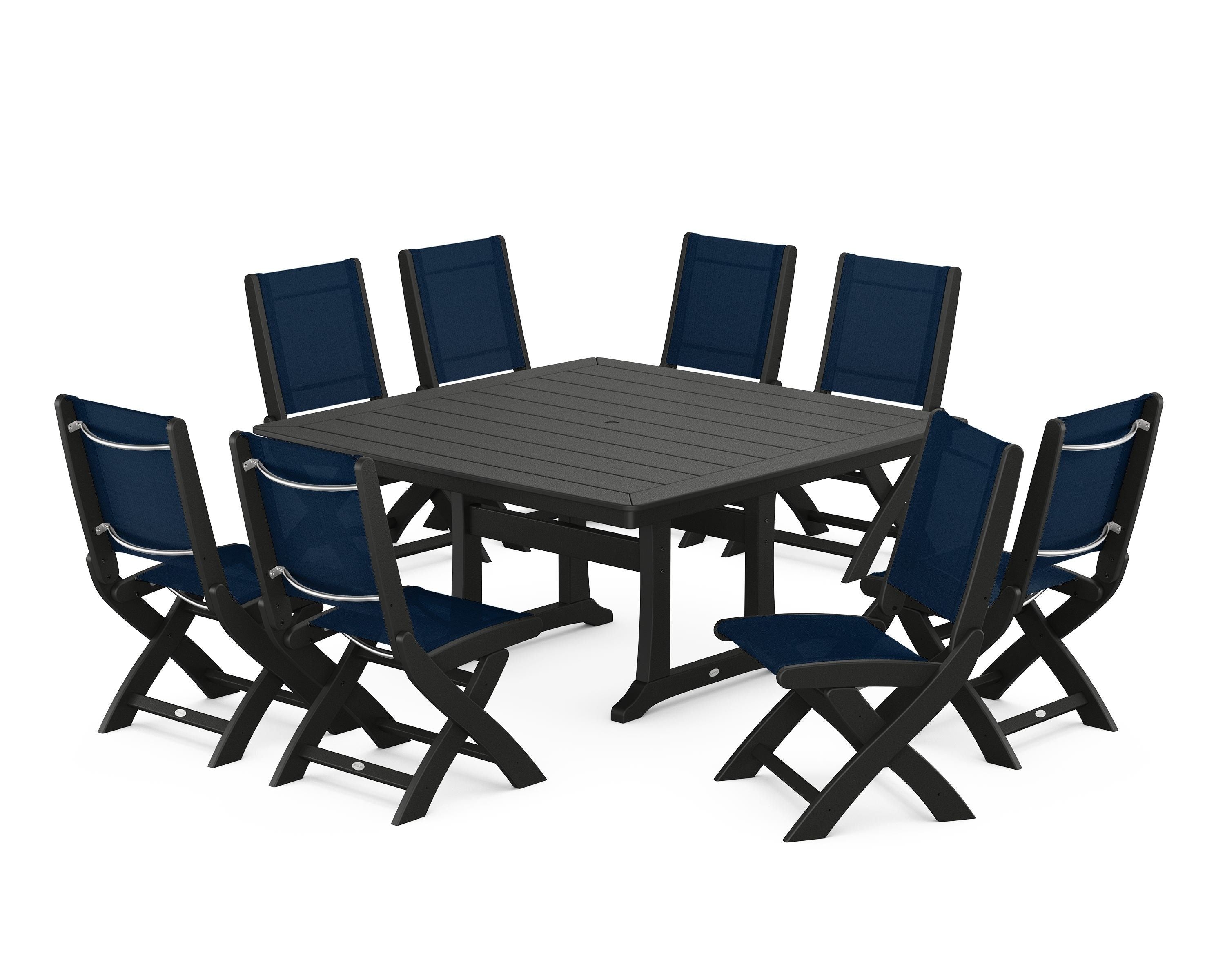 POLYWOOD® Coastal Folding Side Chair 9-Piece Dining Set with Trestle Legs in Black / Navy Blue Sling