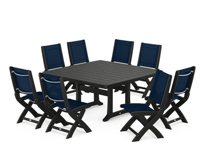 POLYWOOD® Coastal Folding Side Chair 9-Piece Dining Set with Trestle Legs in Black / Navy Blue Sling