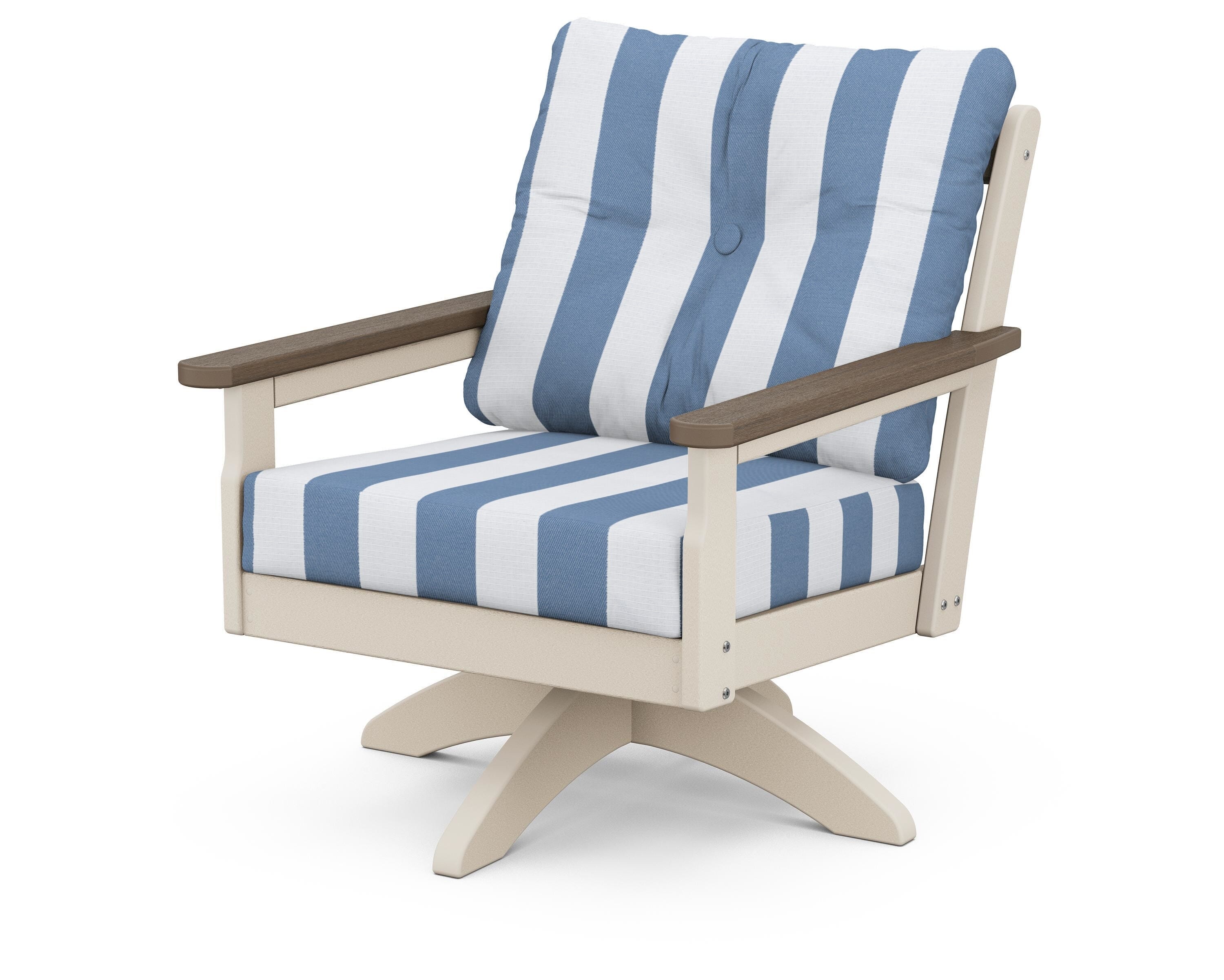 POLYWOOD® Vineyard Deep Seating Swivel Chair in Sand / Kona / Cabana Stripe Sky Blue